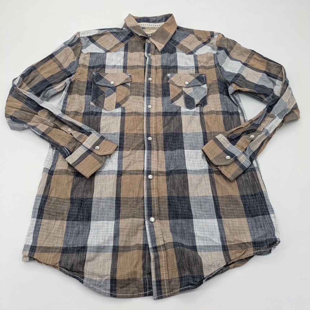 Coastal Shirt Mens Medium Blue Gray Plaid Western Pearl Snap Long Sleeve Cotton‎